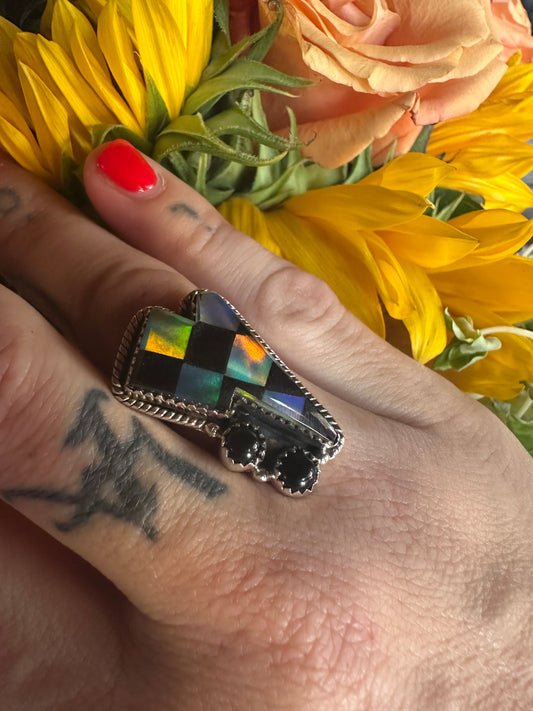 Checkered Bolt Sterling Silver Adjustable Ring