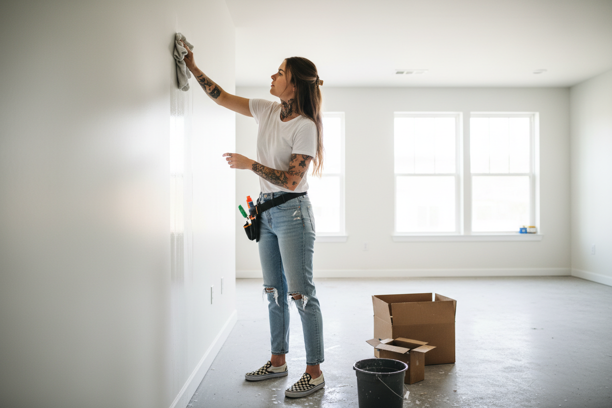 girl brown hair ttatoos jeans checked vans white shirt doing a move out clean on an empty apartment woiping walls