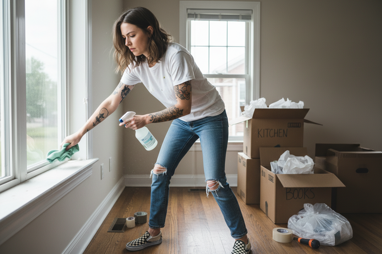girl in white tsrhit and jeans and checkerd vans tattoos brown hair doing move in cleaning