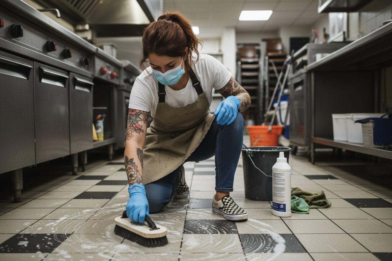 girl with jeans checked vans tattoos brown hair white shirt apron face mask gloves doing a deep clean on the floor