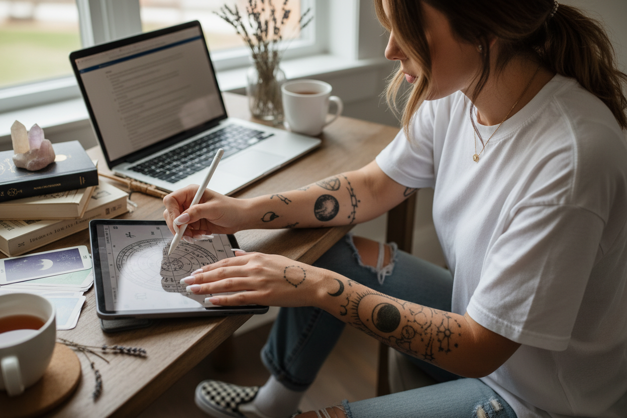 girl with tattoos and french tip nails writing an astrolgofy report brown hair jeans white shirt checkered vans 