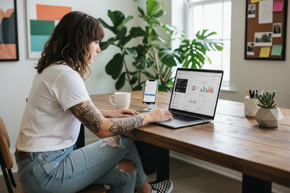 girl with ttaoos brown hair checkere vans jeans white trshirt doing social medial managment