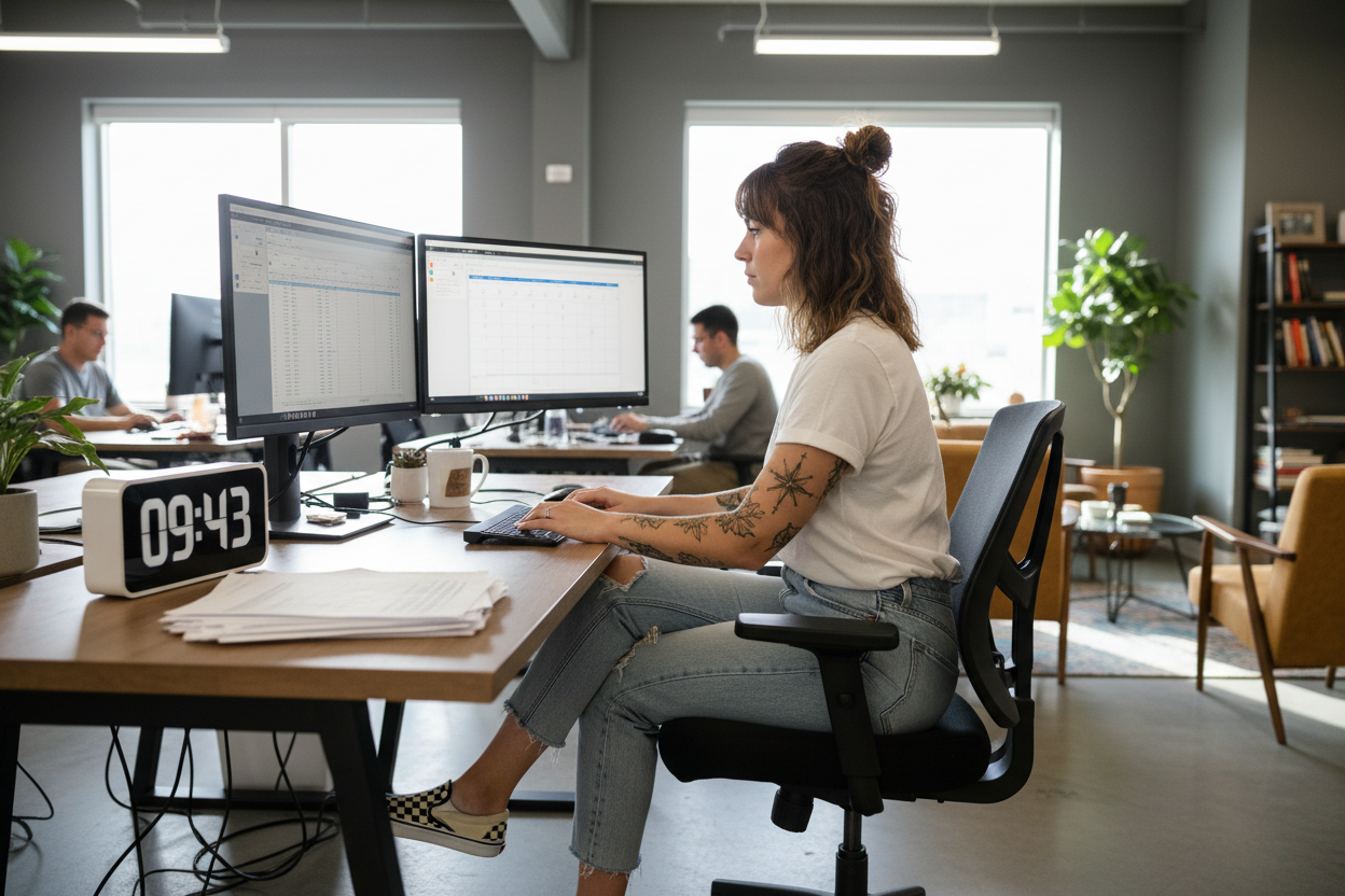 hourly admin work being done by girl in white tshirt and jeand and checjerd vans brown hair tattoood